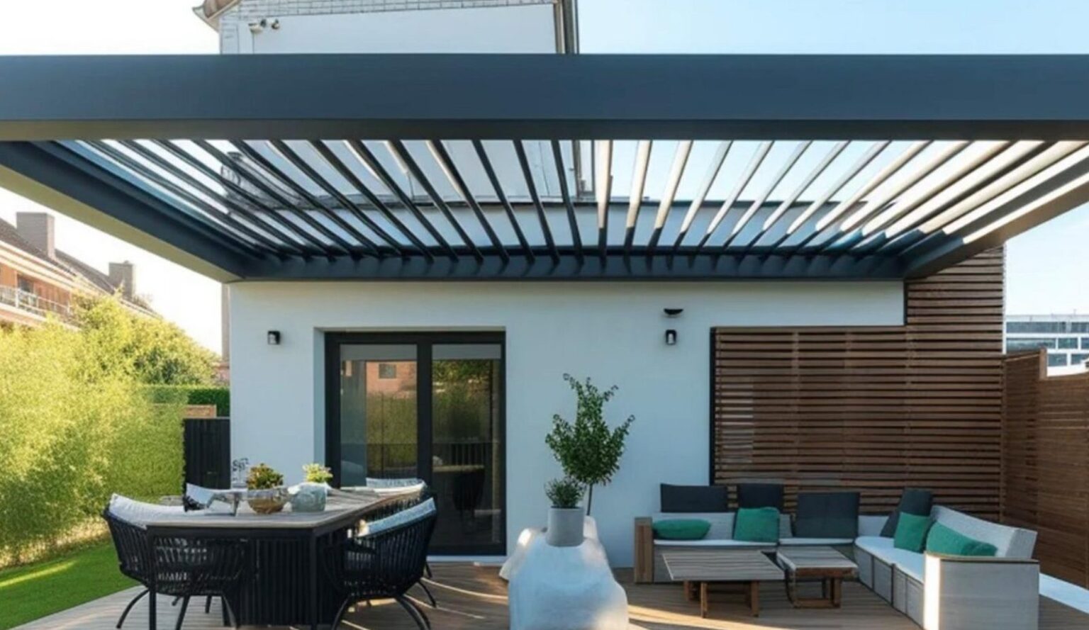 Modelo Smart+ louvred pergola in Anthracite Grey attached to a house