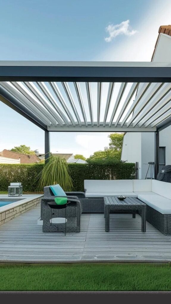 Modelo One louvred pergola over a pool deck